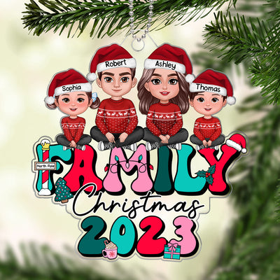Retro Christmas Family Sitting Crossed Legs Personalized Acrylic Ornament