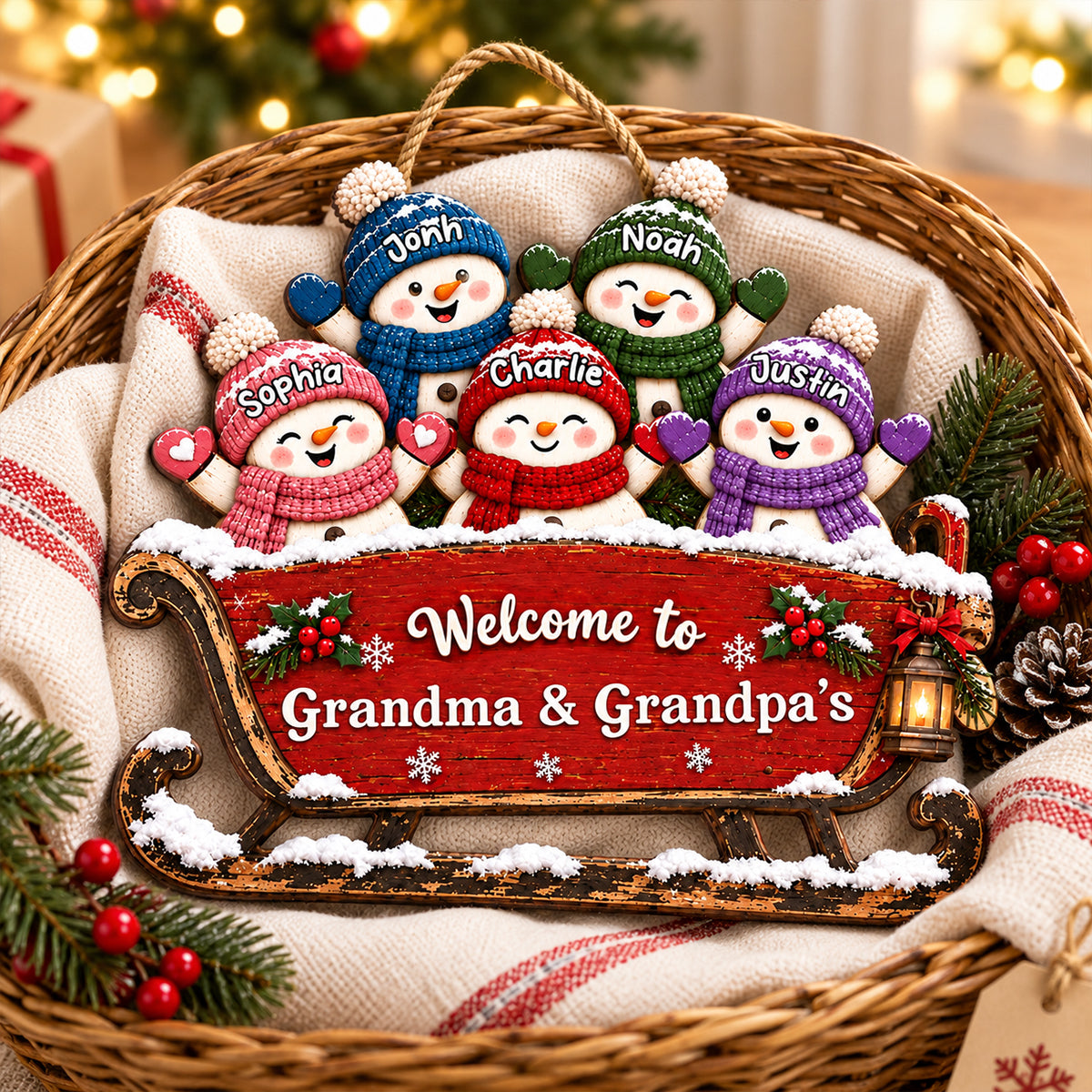 Grandkids Snowman On Sleigh 2D Flat Printed - Personalized Wood Sign - Christmas Decor For Grandparents