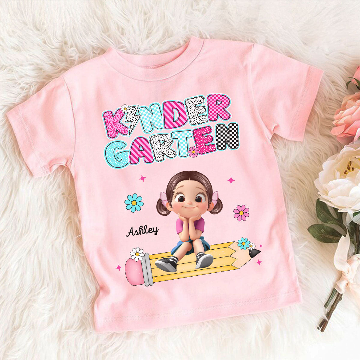 Personalized Kindergarten Tshirt for Girls, Colorful Pencil Pattern Custom Kids Name, Back To School Shirt Toddler, First Day School Outfit