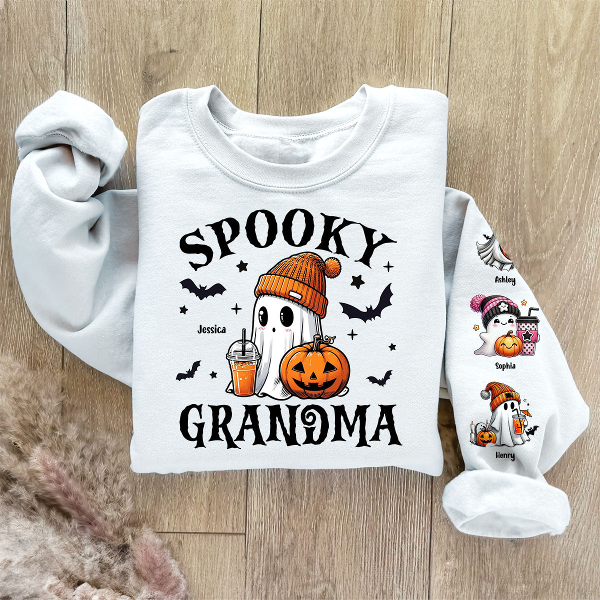 Halloween Grandma Mom Cute Boo Personalized Sleeve Printed Sweatshirt