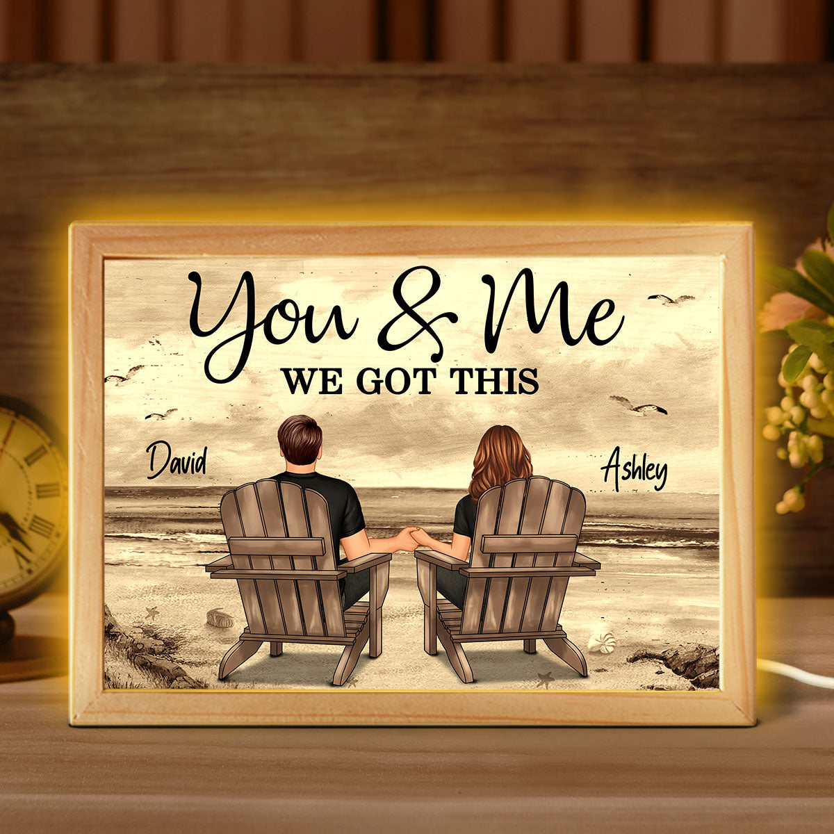 Back View Couple Sitting Beach Landscape Personalized Wooden Frame Light Box