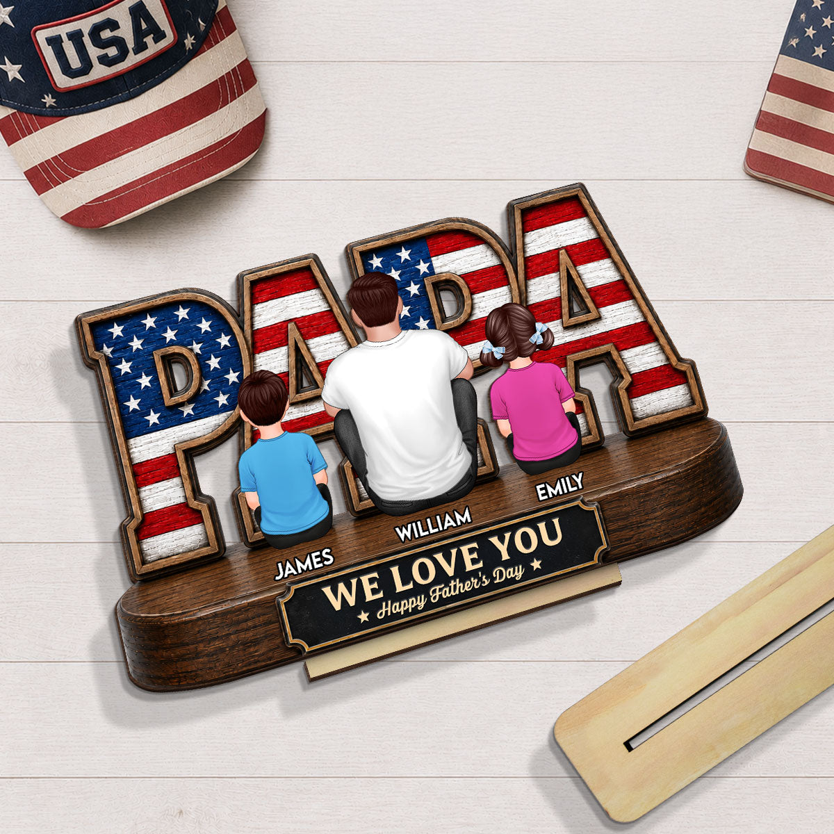 Proud Papa Grandpa Nation Flag Grandpa Dad And Kids - Personalized 2-Layered Wooden Plaque - Father's Day Gift For Dad, Husband