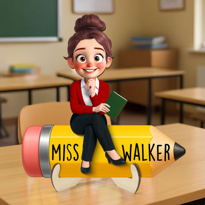 Cute Cartoon Teacher Sitting On Pencil Personalized 2-Layer Wooden Plaque, Gift For Teacher