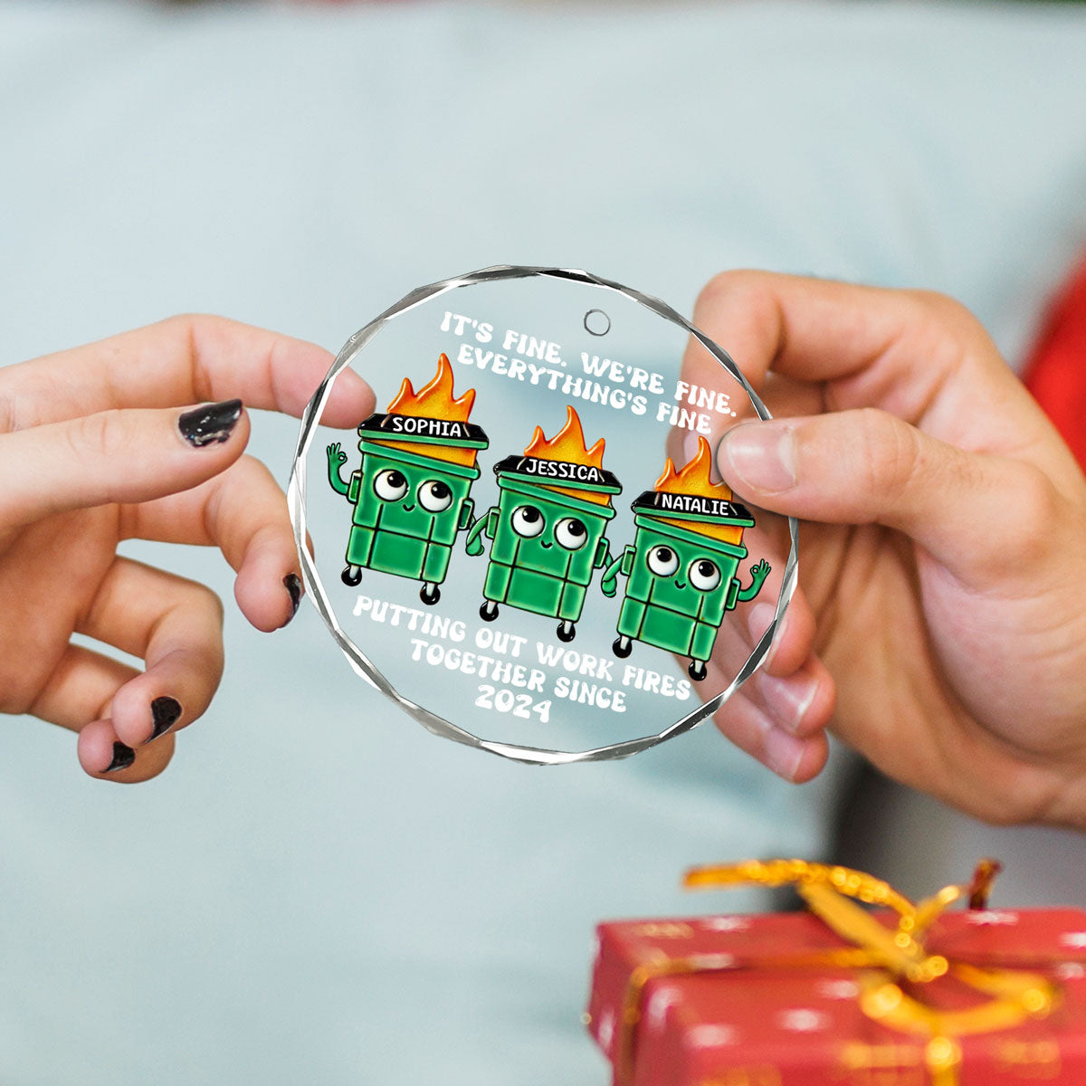 Putting Out Work Fires Together Work Bestie Dumpster Fire Funny Gift For Colleagues Personalized Glass Ornament