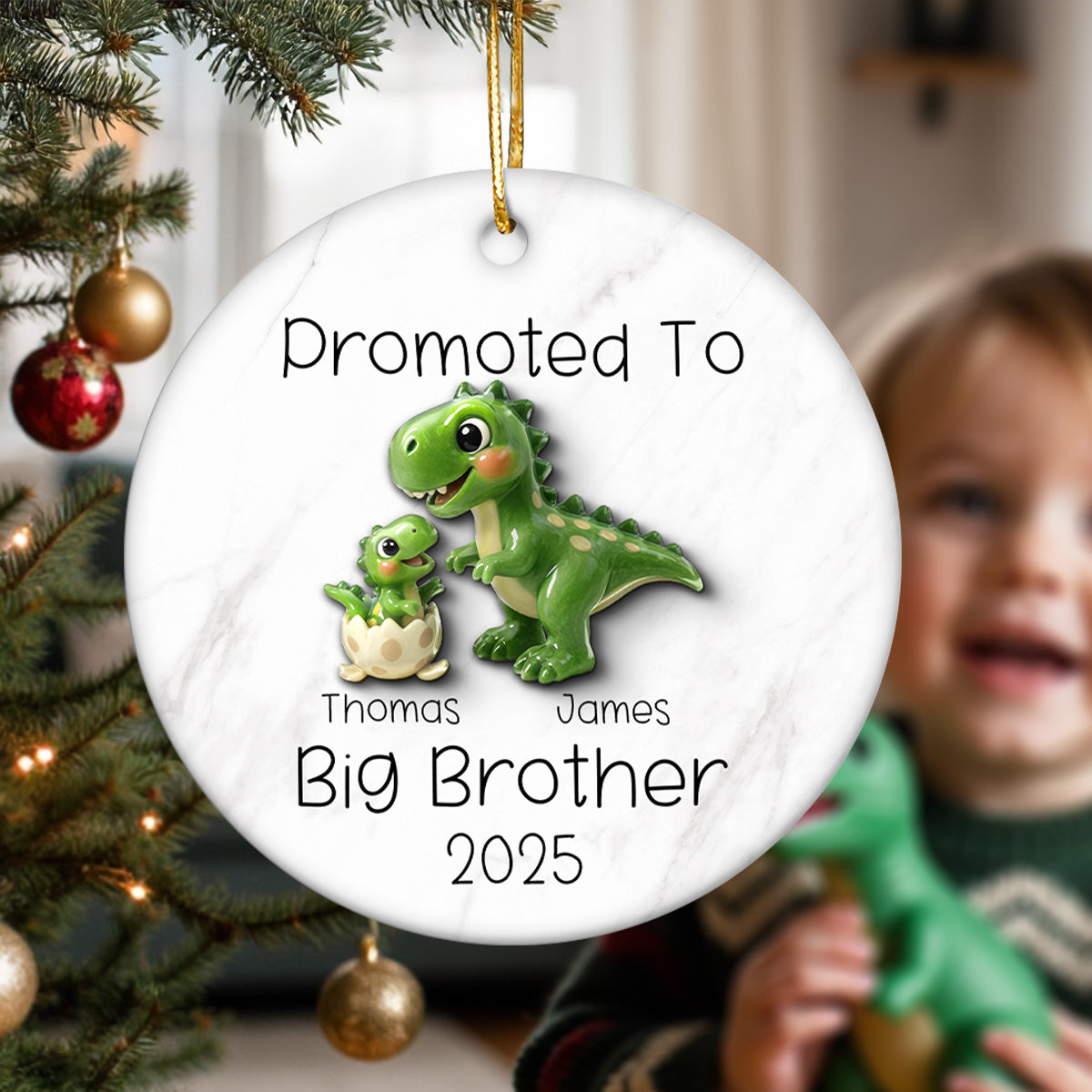 Promoted To Big Brother Big Sister 3D Effect Cute Dinosaurs - Personalized Ceramic Ornament - Proud New Big Sibling Gift