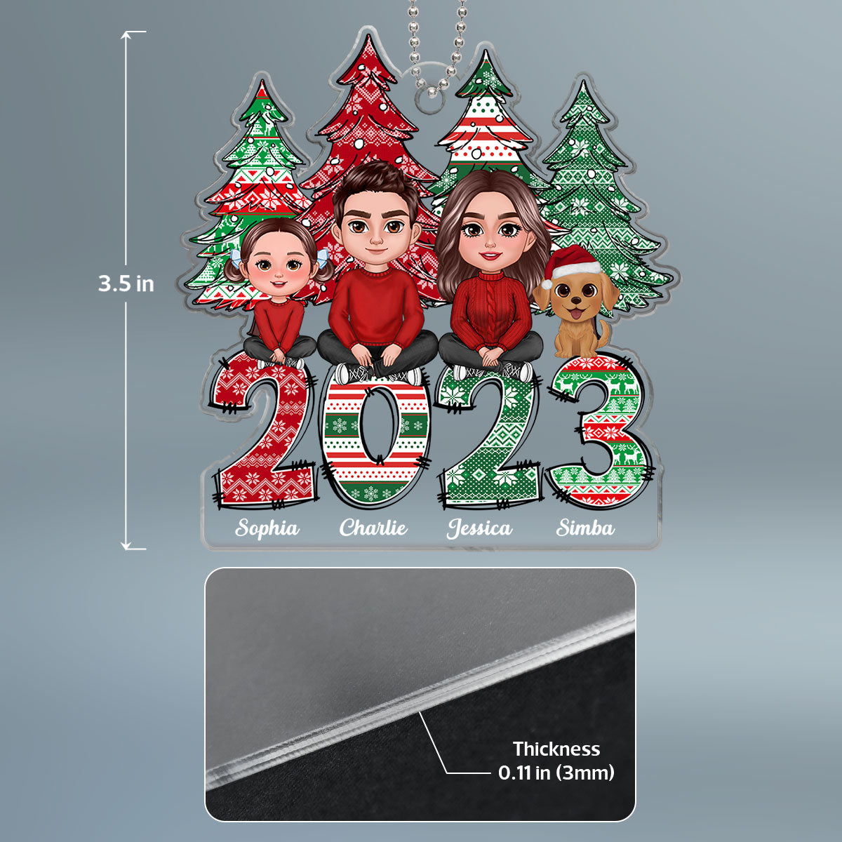 Ugly Sweater Pattern Family Sitting Crossed Legs Personalized Acrylic Ornament