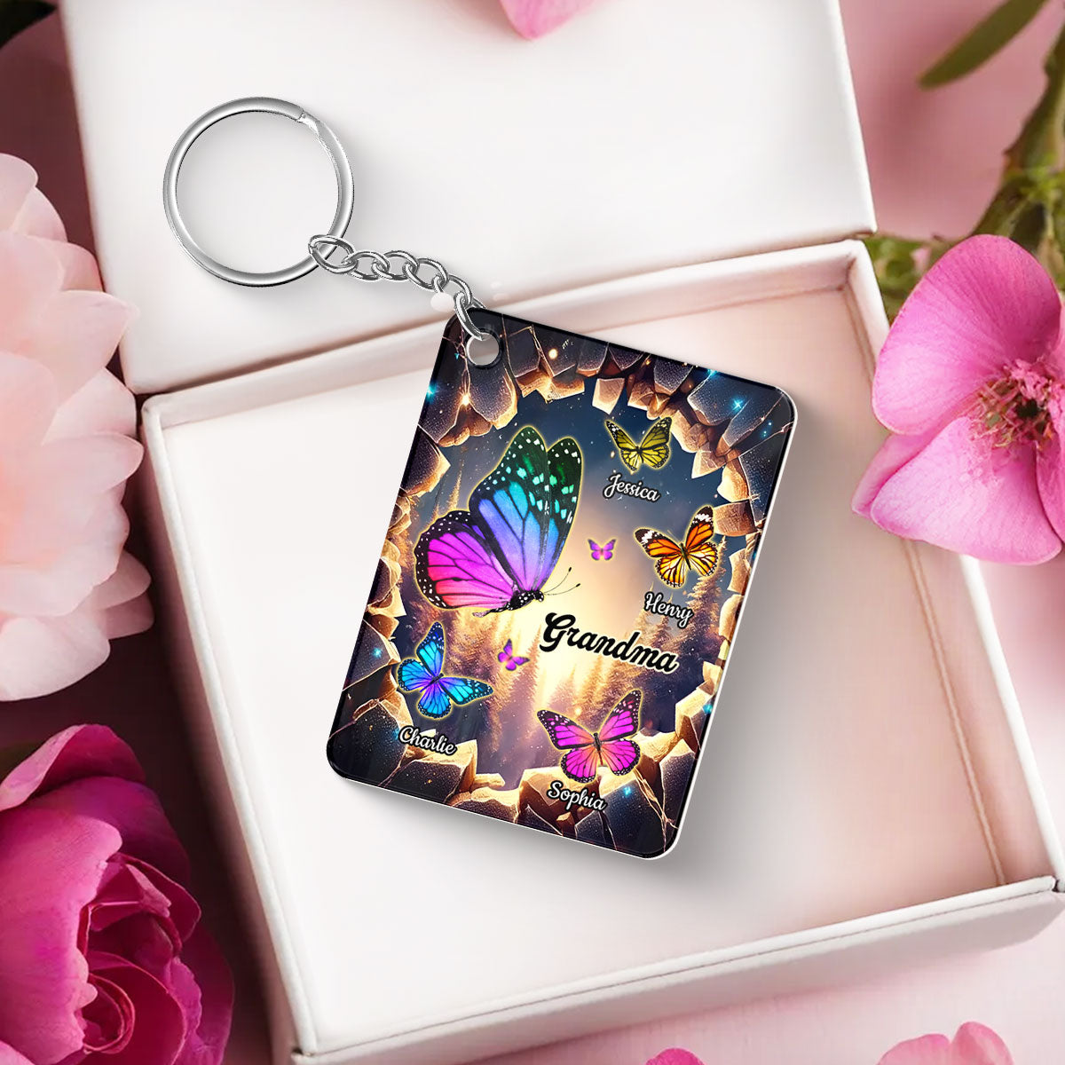 Grandma Grandkids Butterflies Names 3D Hole Personalized Acrylic Keychain