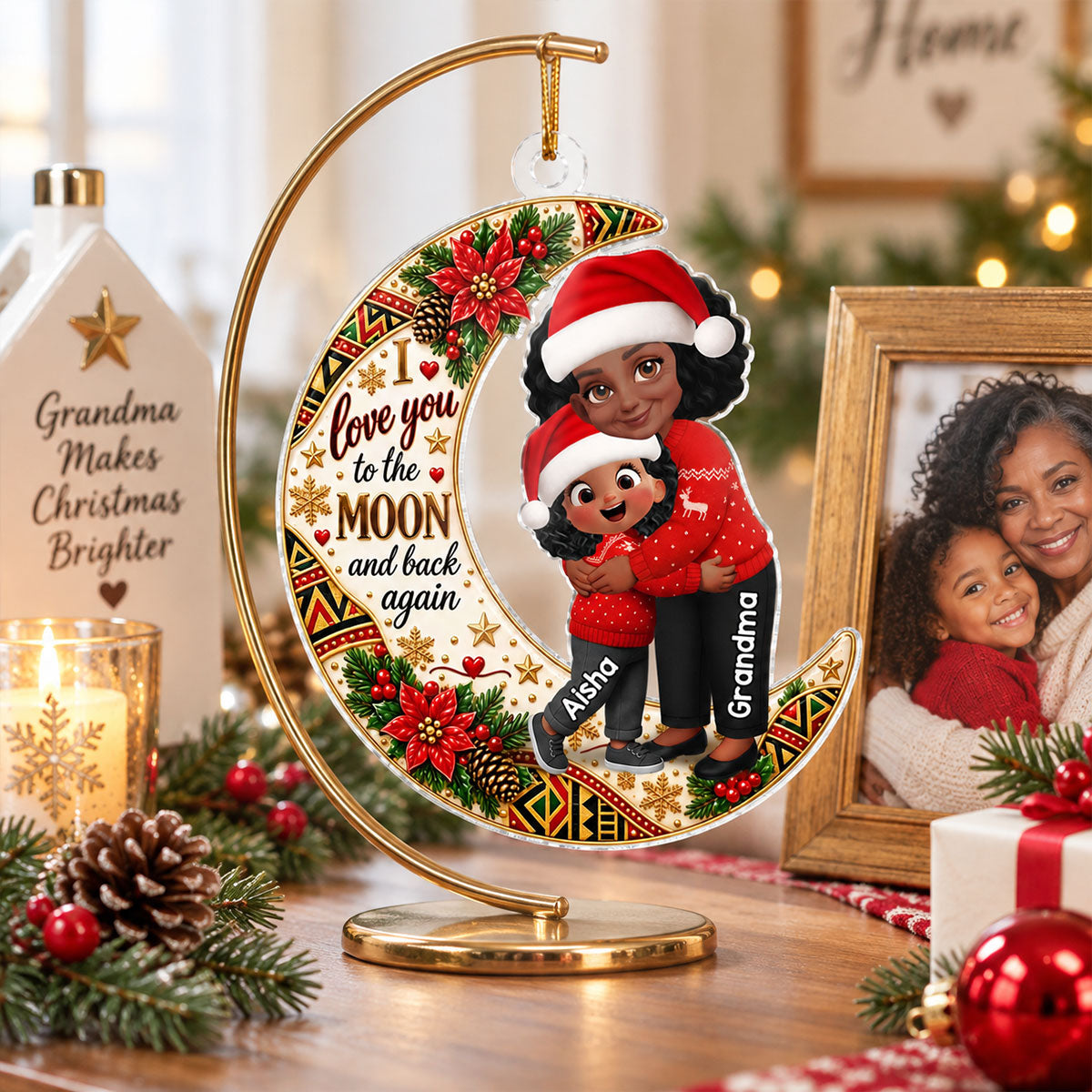 Tribal Pattern Christmas Grandma Grandkid Love You To The Moon And Back - Personalized Acrylic Ornament - Sentimental Meaningful Gift For Grandma, Grandkids, Grandsons, Granddaughters