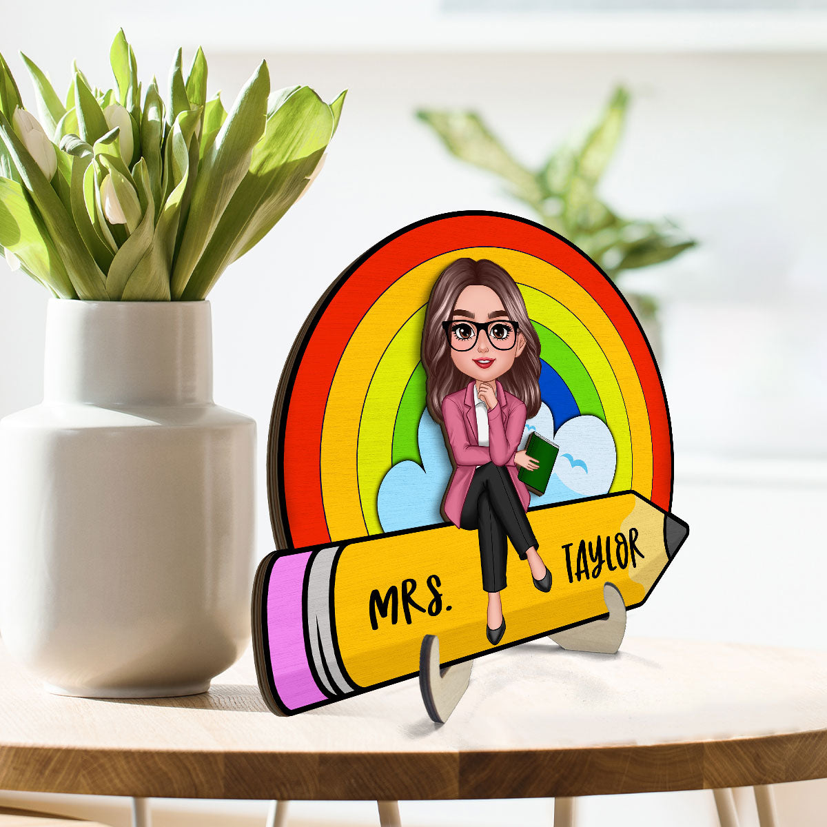 Doll Teacher Pencil Rainbow Personalized 2-Layer Wooden Plaque, Back To School Gift