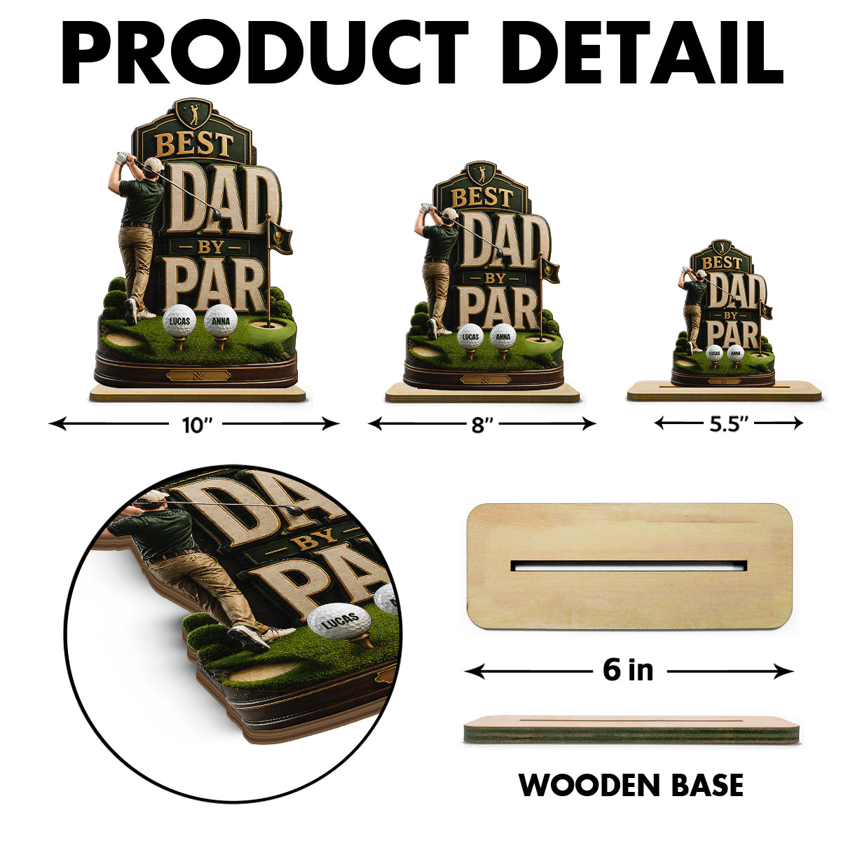 Golf Dad & Kids Best Dad By Par - Personalized 2-Layered Wooden Plaque -  Gift For Dad, Husband