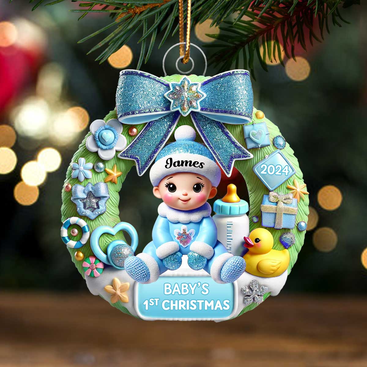 Personalized Wreath Baby's First Christmas Personalized 3D Effect Acrylic Ornament, Christmas Keepsake for Baby