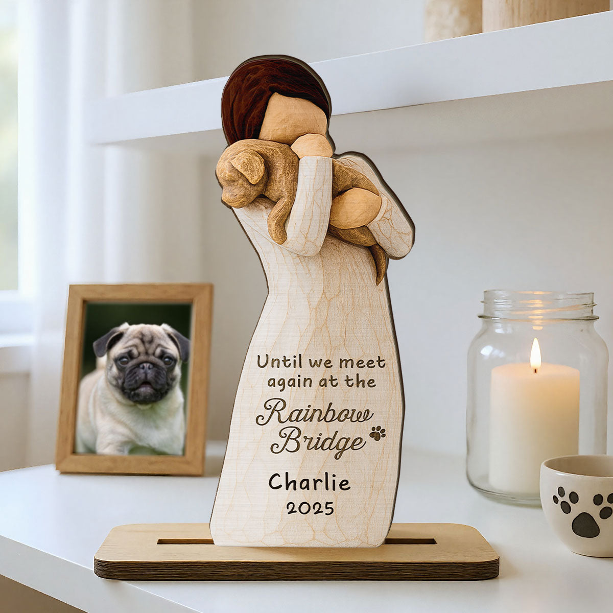 Until We Meet At Rainbow Bridge Woman & Dog 3D Effect Personalized Standing Wooden Plaque, Memorial Sympathy Gift