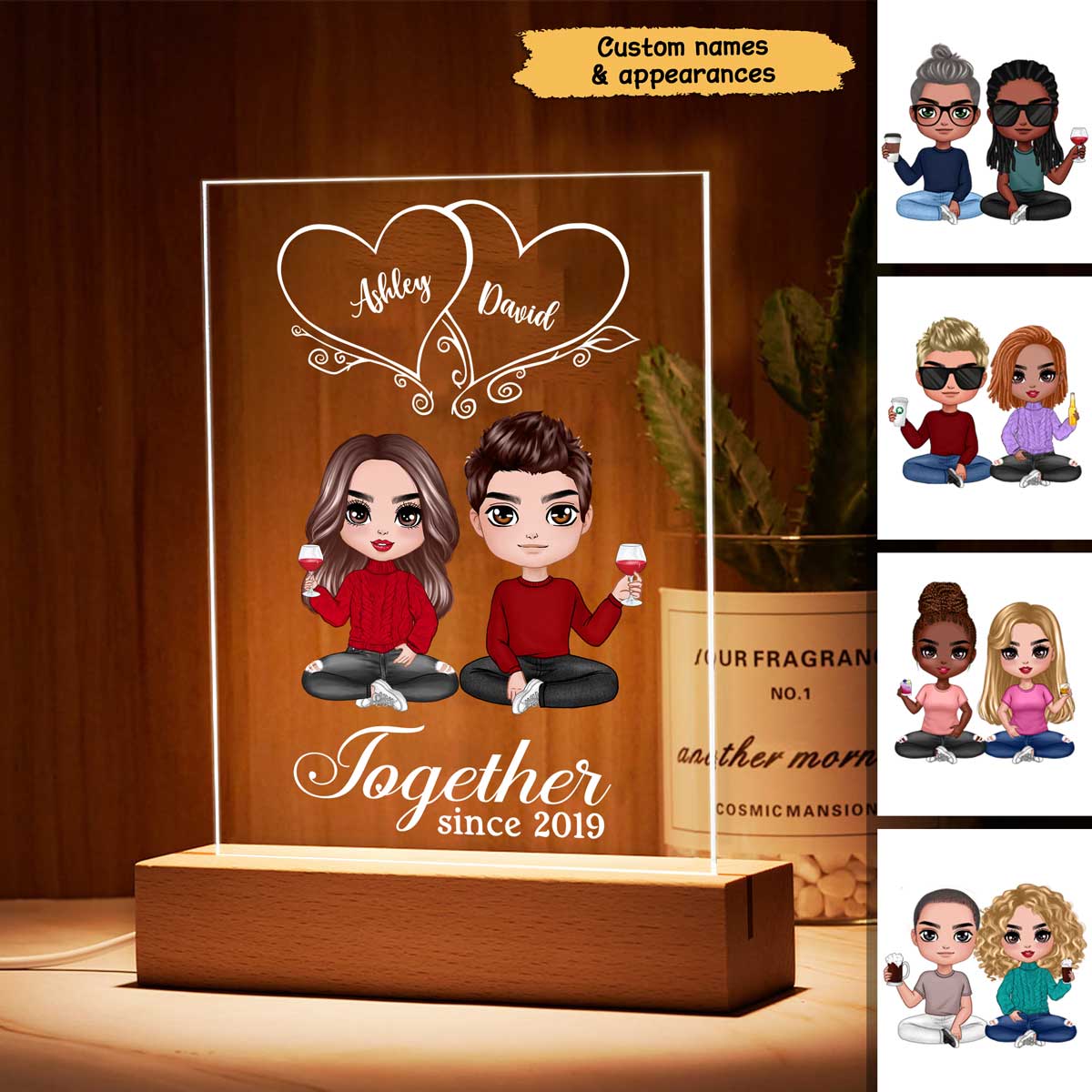 Hearts Doll Couple Sitting  Anniversary Gift For Him Gift For Her Personalized Acrylic Plaque LED Lamp Night Light
