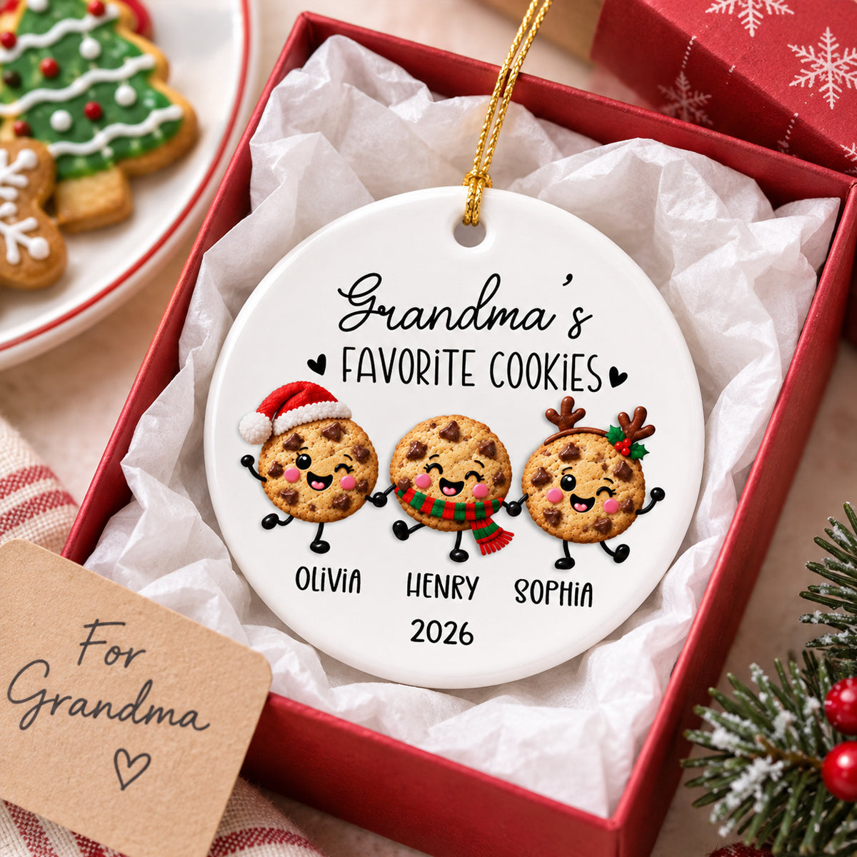 Grandma Favorite Cookies 2D Flat - Personalized Ceramic Ornament - Christmas Gift For Grandma