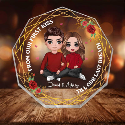 Embracing Doll Couple Flower Personalized Nonagon Acrylic Plaque - Gift For Him Gift For Her