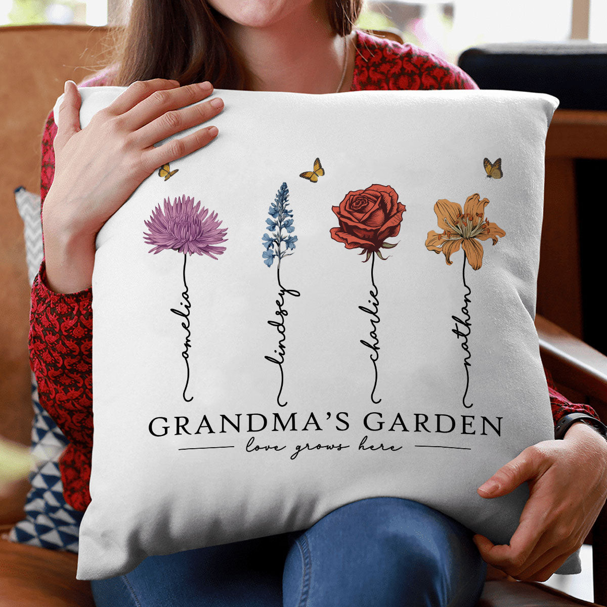 Grandma‘s Garden Love Grows Here Beautiful Birth Month Flower Gift For Grandma Mom Personalized Pillow