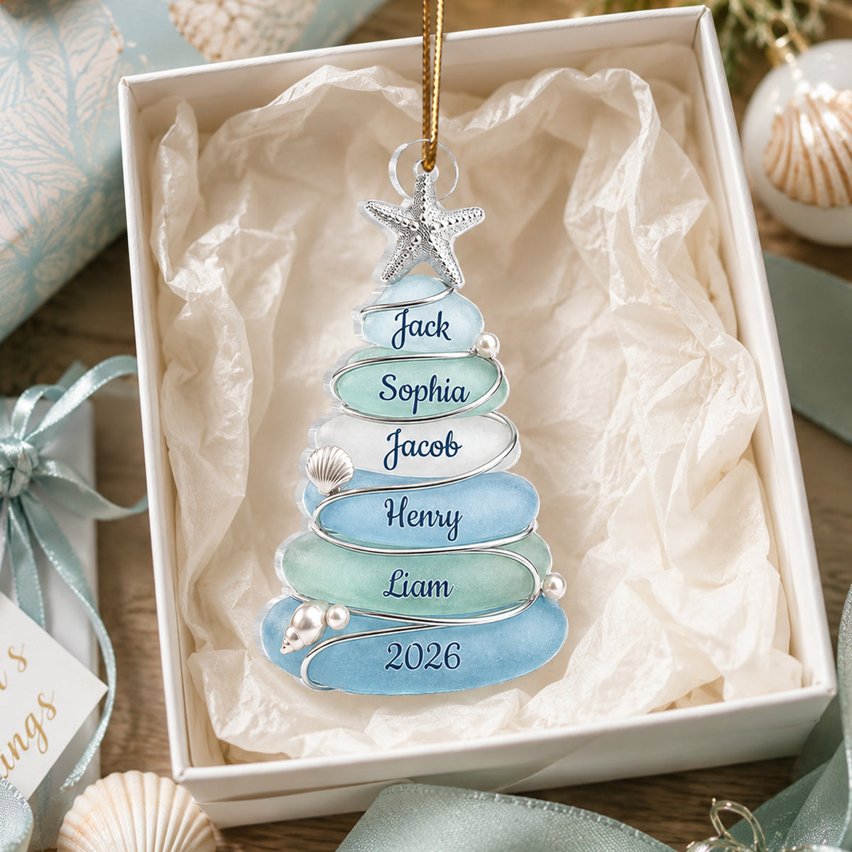 Custom Sea Glass Tree - Personalized Acrylic Ornament - Beach Family Christmas Decor