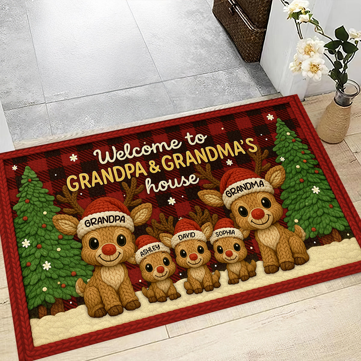 Grandma Grandpa Reindeers Crochet Faux Yarn Texture - Personalized Doormat - Christmas Decoration