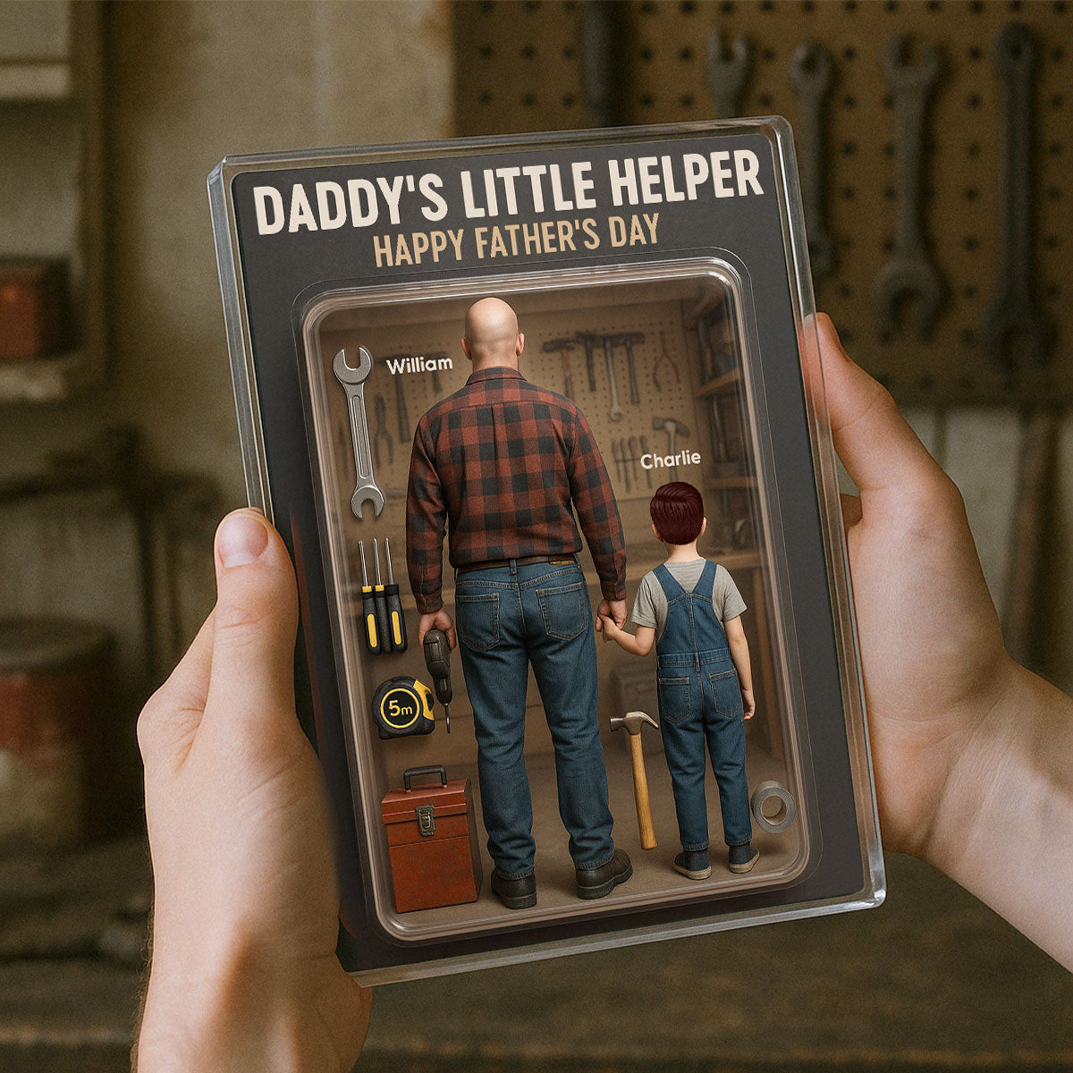 3D Effect Daddy's Little Helper Custom Figure Personalized Flat Rectangle Acrylic Block, Gift For Dad