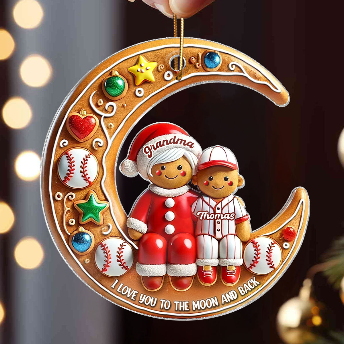 3D Effect Baseball Grandma & Grandkid On The Moon Personalized Acrylic Ornament, Christmas Gift For Grandkids
