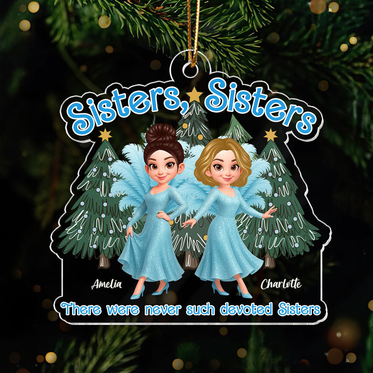 Cute Cartoon Sisters Besties Blue Dress Under Christmas Tree Personalized Acrylic Ornament