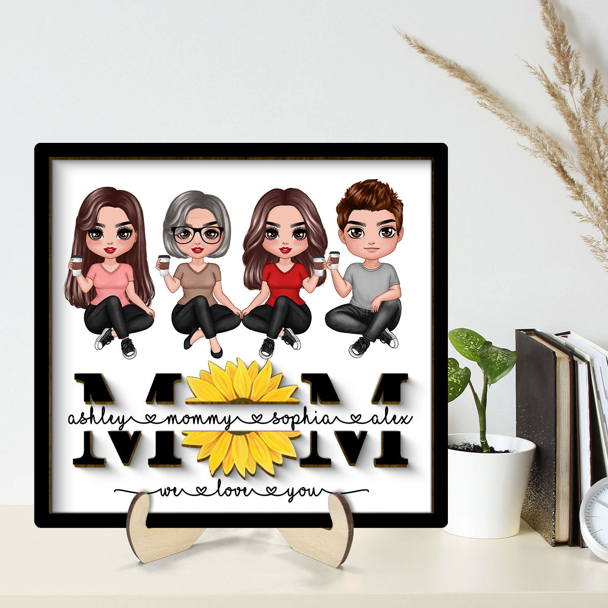 Mom We Love You Sunflower Sitting On Text Personalized 2-layer Wooden Plaque, Gift For Mom