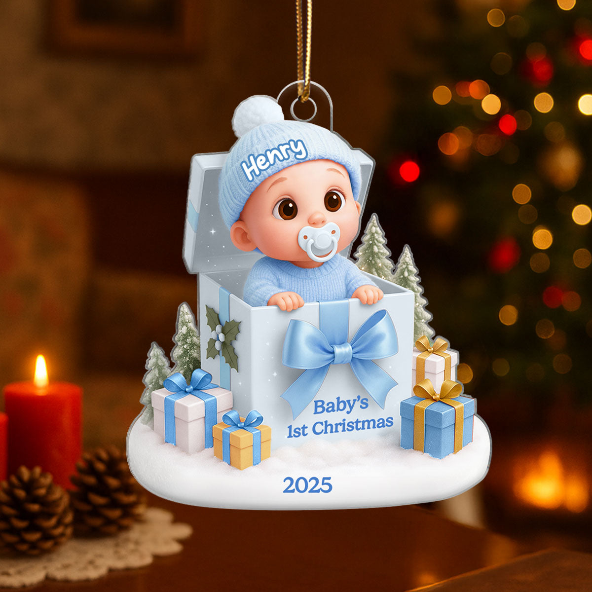 Baby's 1st Christmas Gift Box - Personalized Acrylic Ornament - Christmas Keepsake for Baby, Newborn, Nursery Lamp