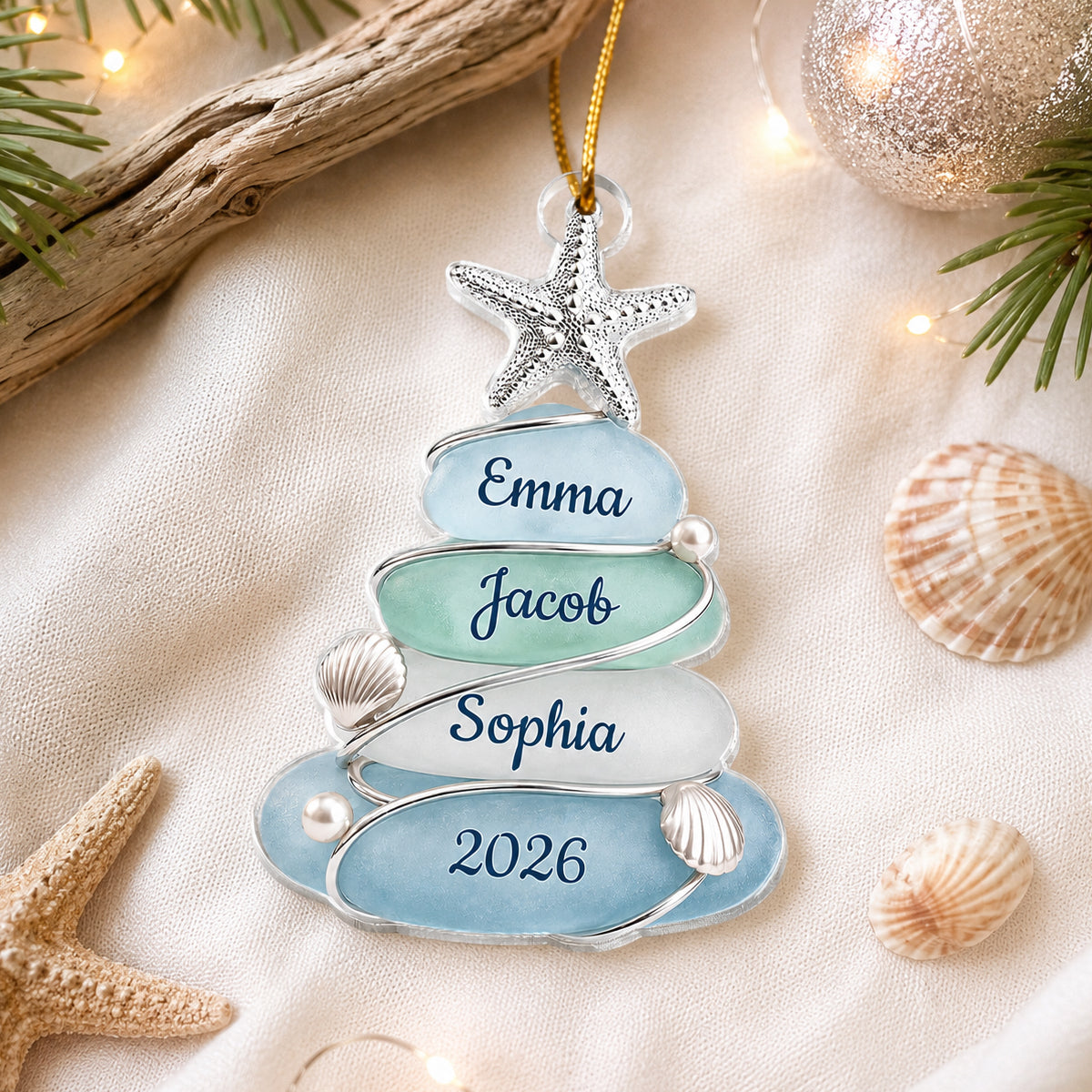 Custom Sea Glass Tree - Personalized Acrylic Ornament - Beach Family Christmas Decor