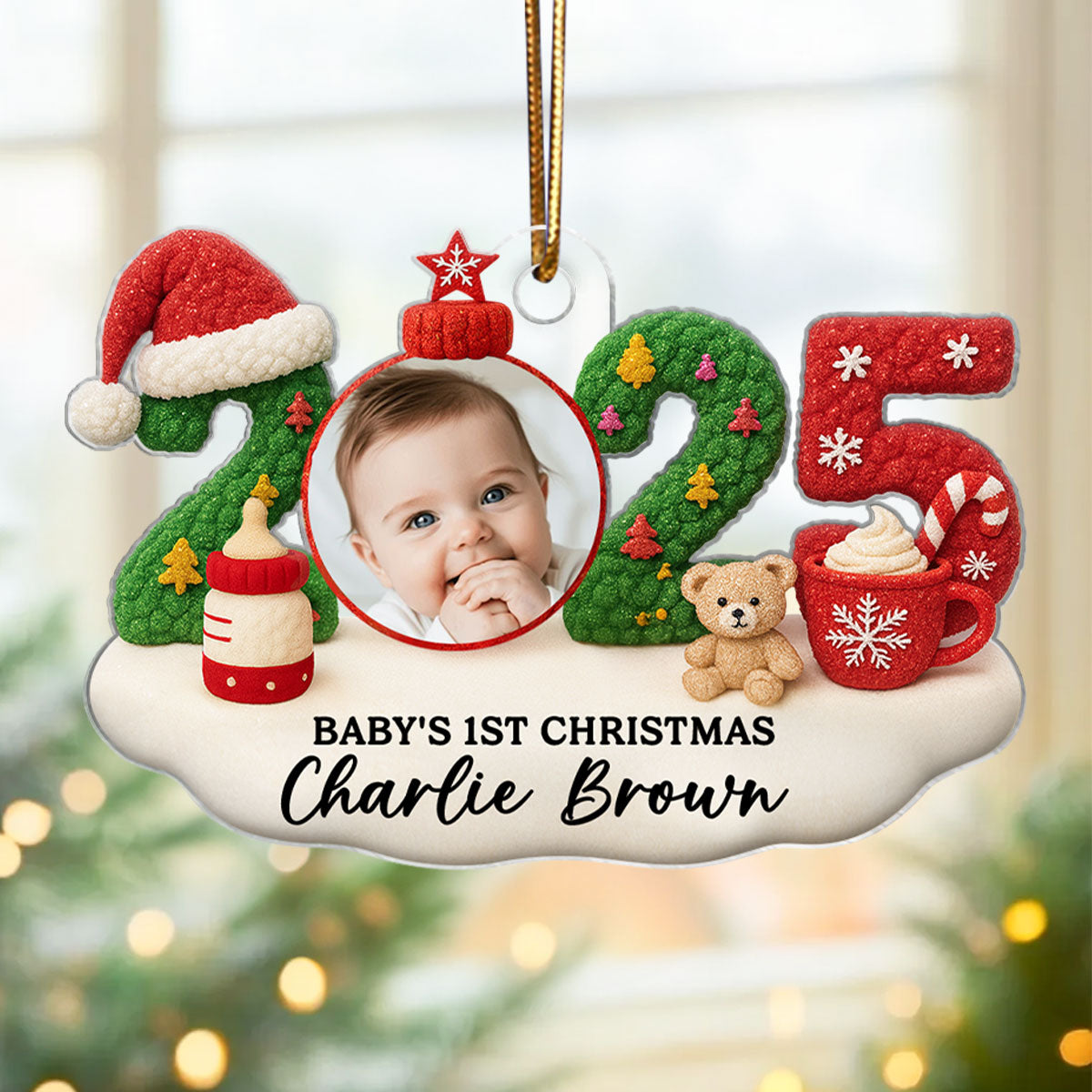 Baby Photo 2025 First Christmas Latch Hook Yarn Faux - Personalized Acrylic Ornament - Christmas Gift for New Parent, Newborn Keepsake