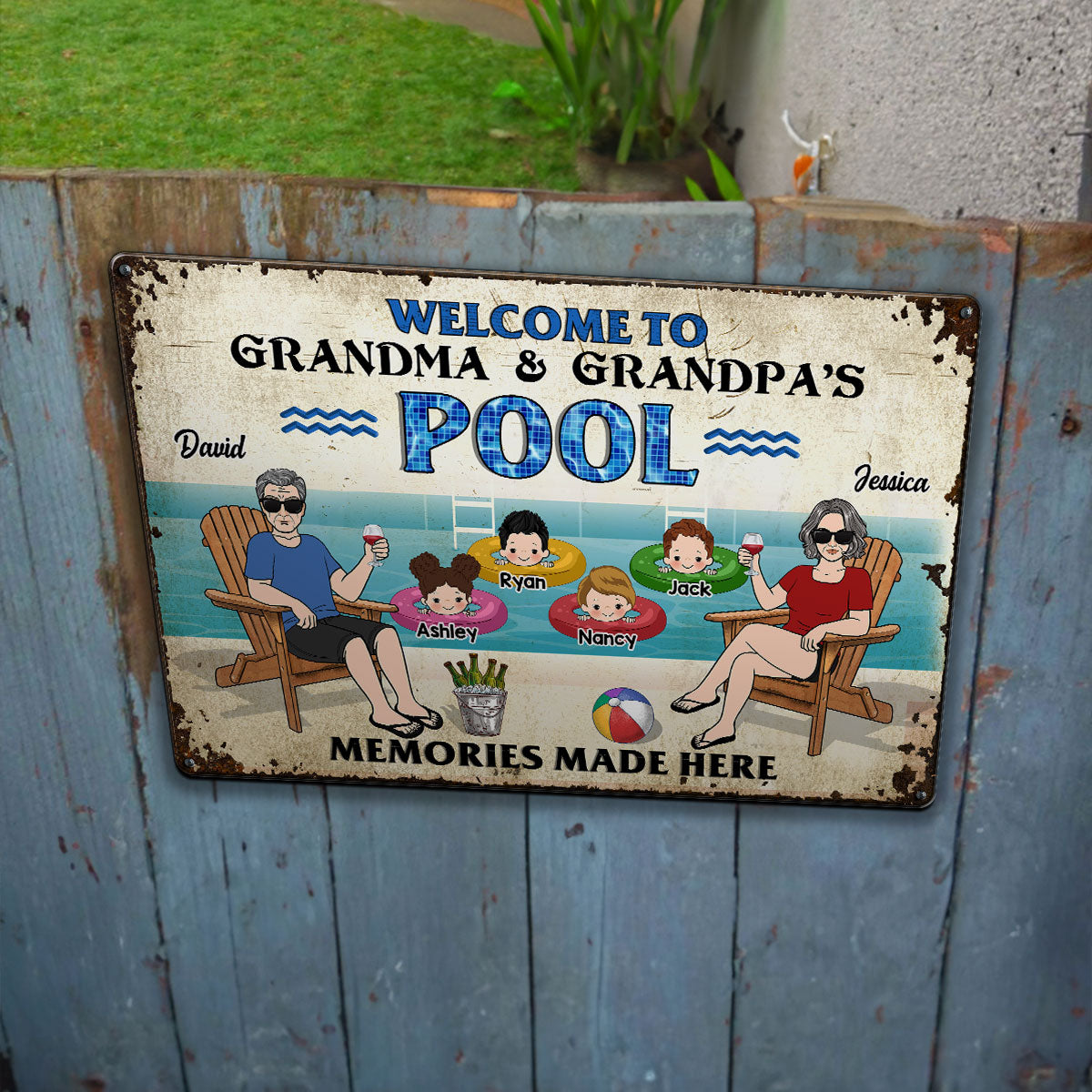 Welcome To Grandparents Pool Personalized Metal Sign, Housewarming Gift, Birthday Gift For Dad Mom Grandpa Grandma
