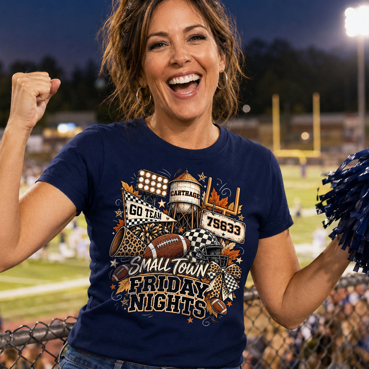Small Town Friday Nights - Personalized Shirt - Trendy Fall Football Game Day, Custom Town Name, Zip Code