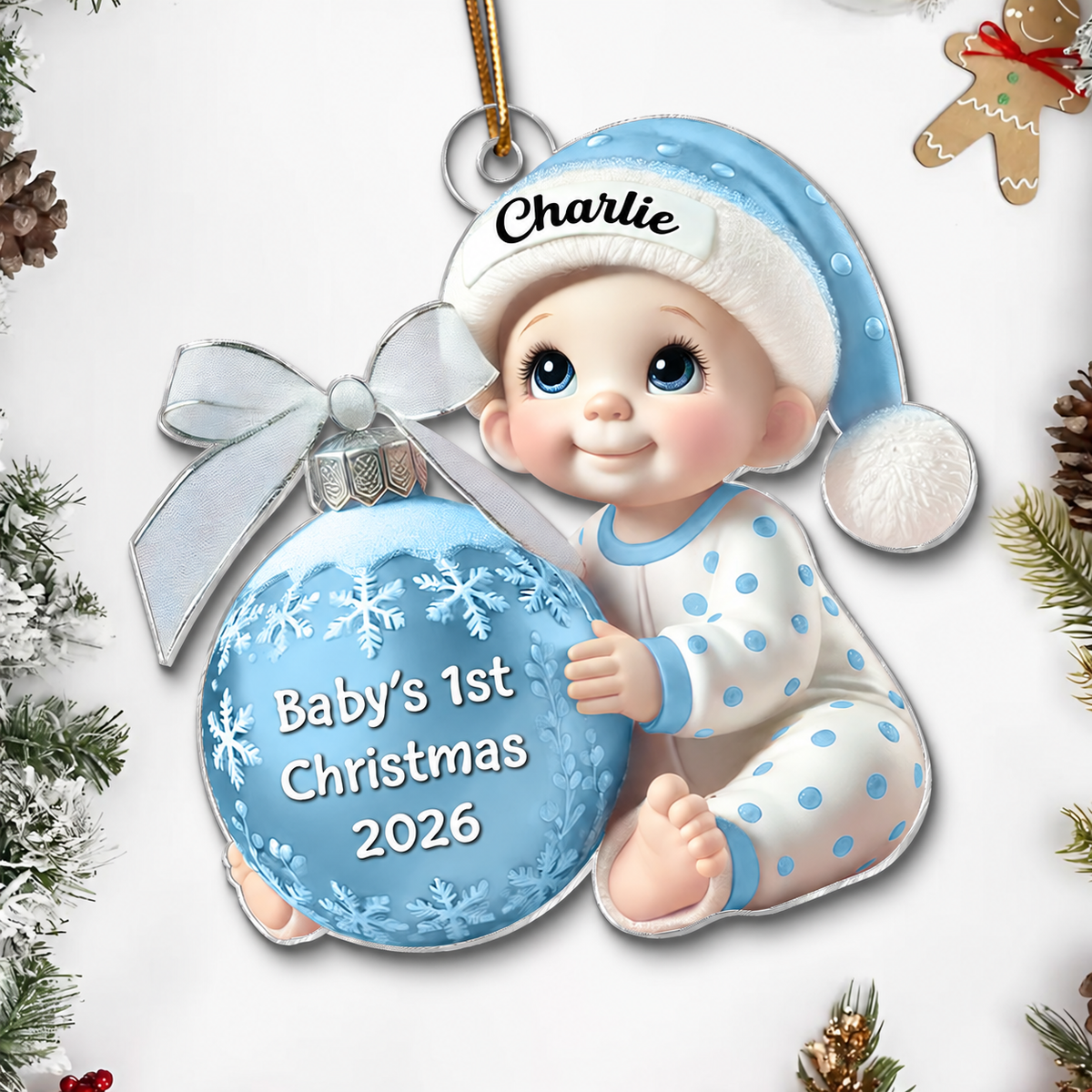 Baby Holding Christmas Bauble 3D Effect Baby's First Christmas Personalized Acrylic Flat Ornament