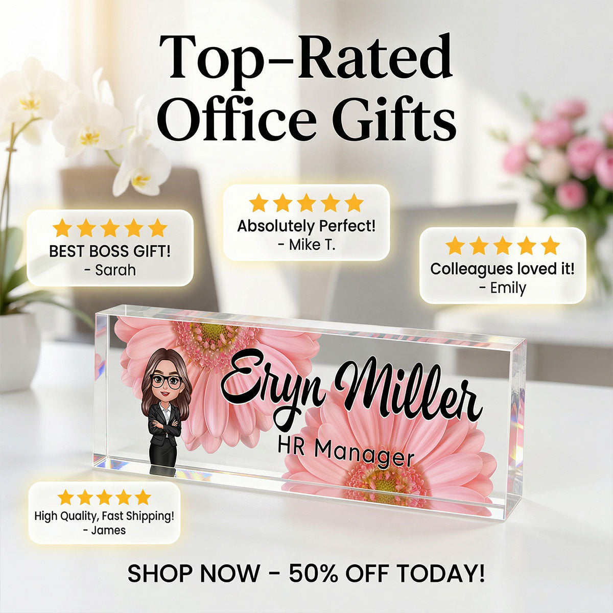 Daisy Flowers Woman Man Office - Personalized Acrylic Desk Name Plate - Gift For Colleagues, Coworkers, Boss