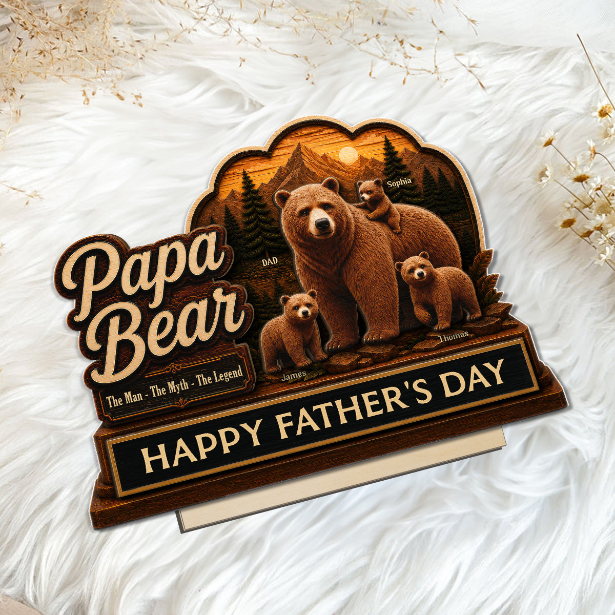 Papa Bear The Man The Myth The Legend 2D Flat - Personalized 2-Layered Wooden Plaque - Father's Day Gift For Husband, Dad