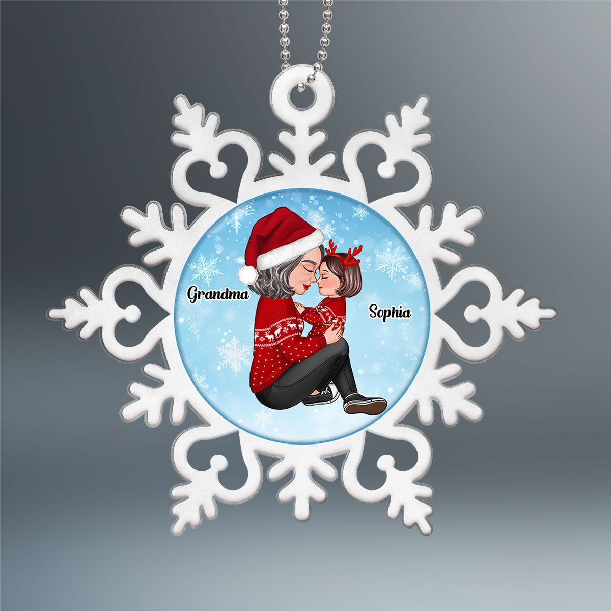 Grandma Holding Grandson Granddaughter In Snowflake Personalized Acrylic Ornament