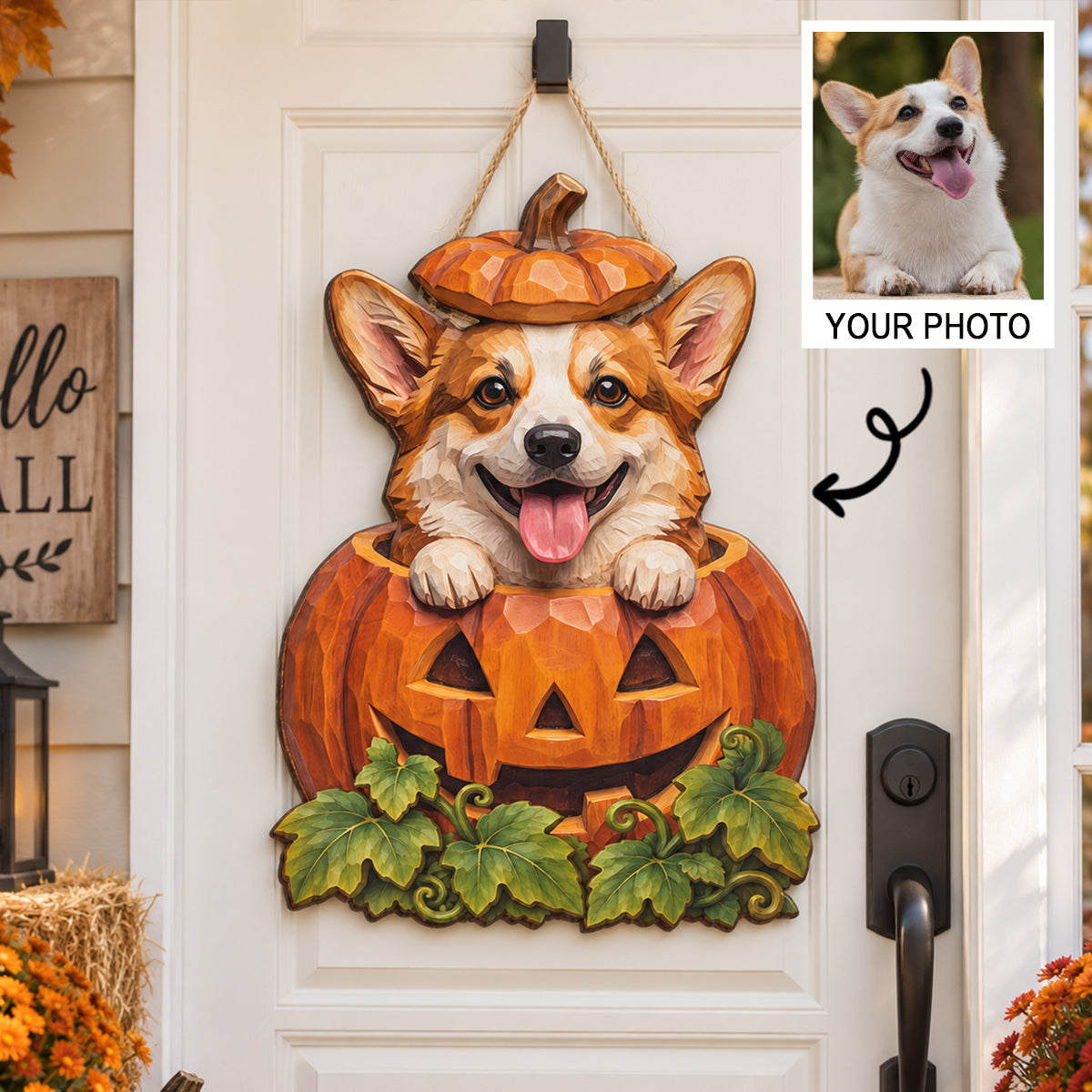 Custom Dog Cat Pumpkin Art - Personalized Wooden Door Sign - Pet Halloween Fall Decor