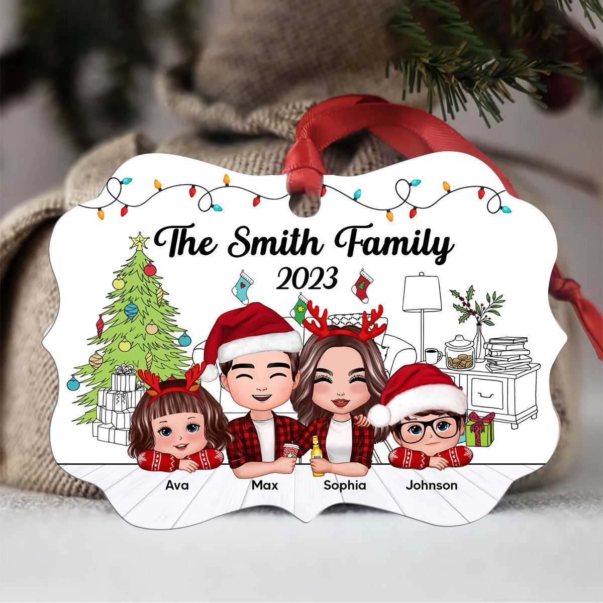 Christmas Outline Background Whole Doll Family Kids Dogs Cats Personalized Christmas Ornament