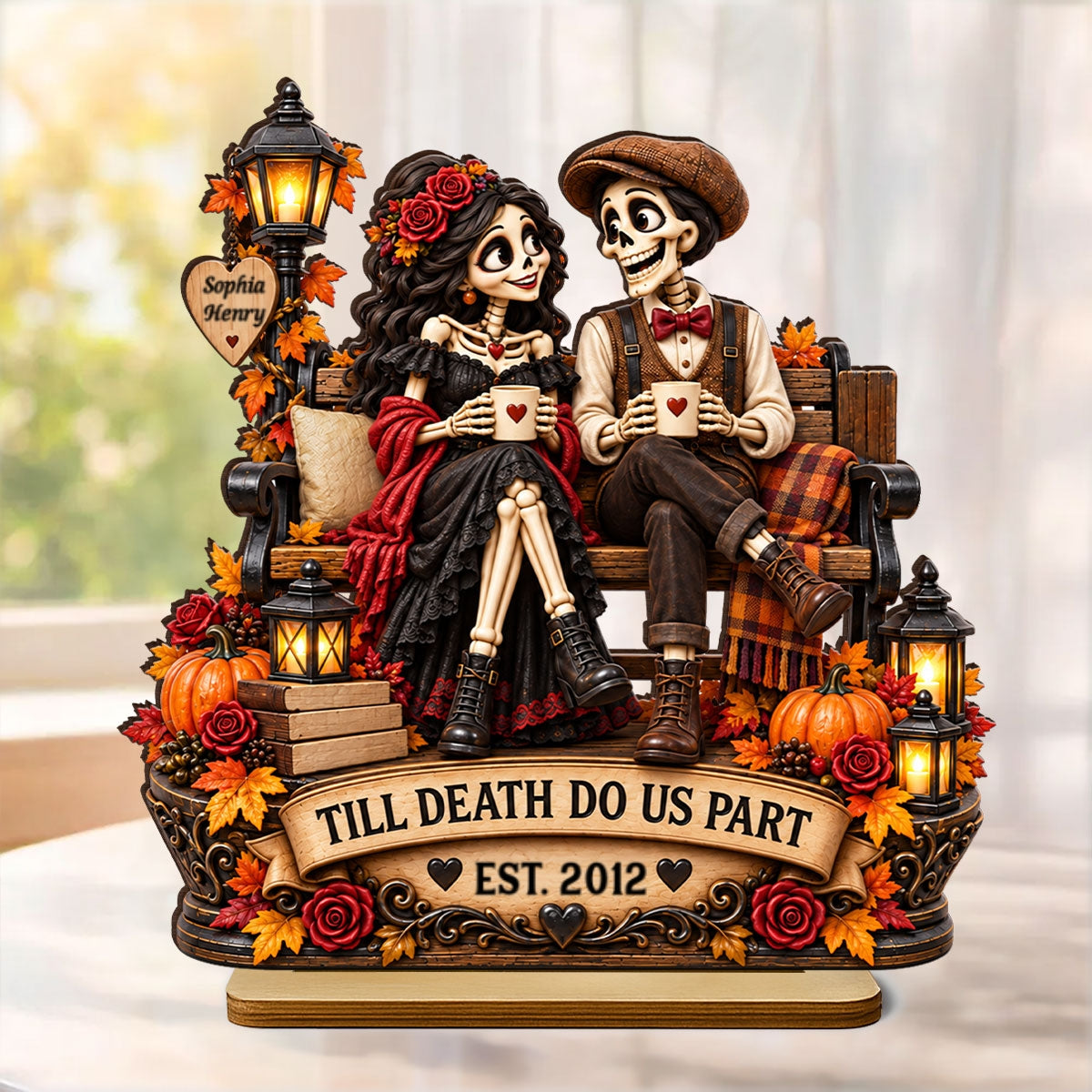 Till Death Do Us Part Fall Halloween Skeleton Couple - Personalized 2-Layered Wooden Plaque - Gift for Him, Gift for Her