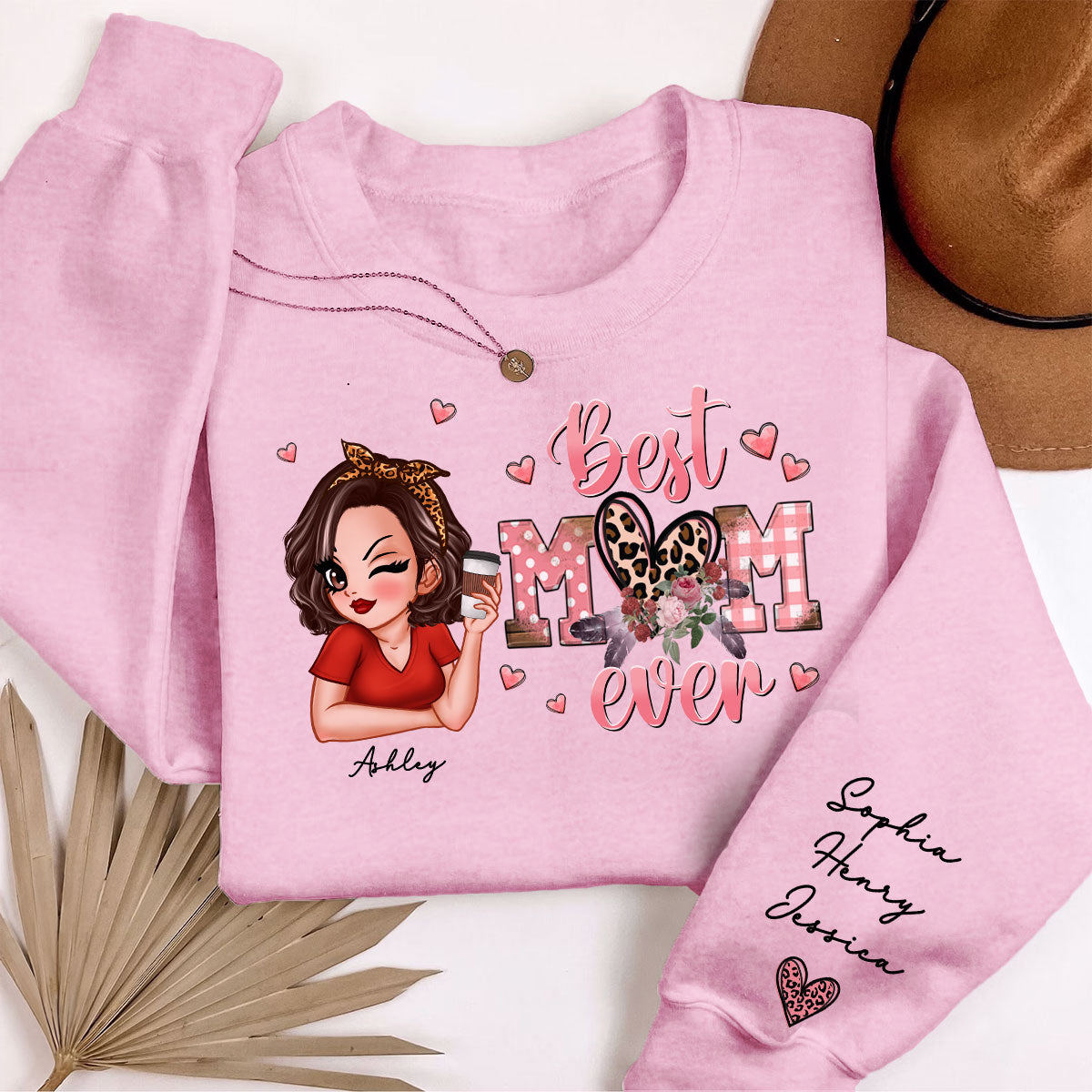 Best Mom Ever Pink Leopard Pretty Woman Personalized Sleeve Printed Sweatshirt
