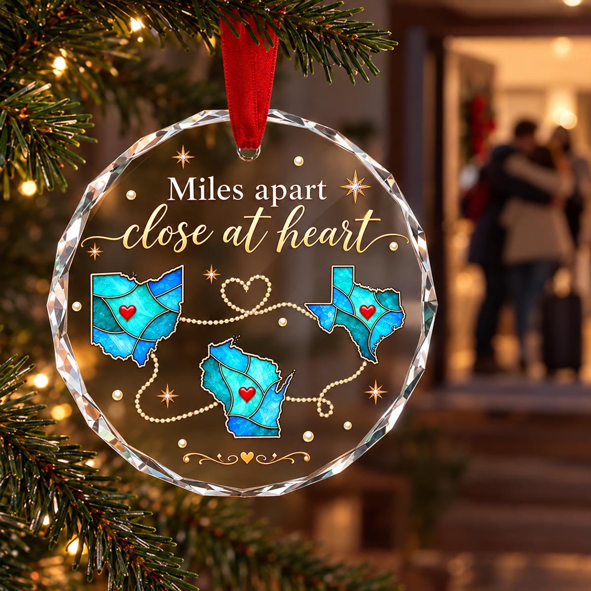 Love Knows No Distance Custom Blue State Maps - Personalized Glass Ornament - Christmas Long Distance Gift For Family, Friends