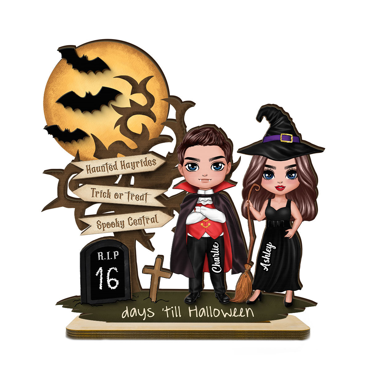 Couple Halloween Countdown Moon Bat Tree Personalized 2-Layer Standing Wooden Plaque