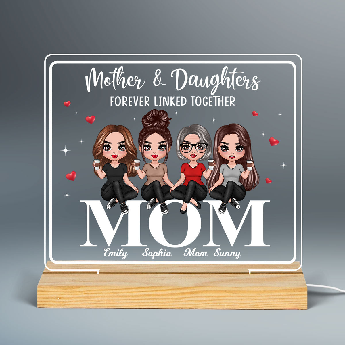 Doll Mom And Daughters Sitting On Words Personalized Custom Shape Acrylic Plaque LED Night Light