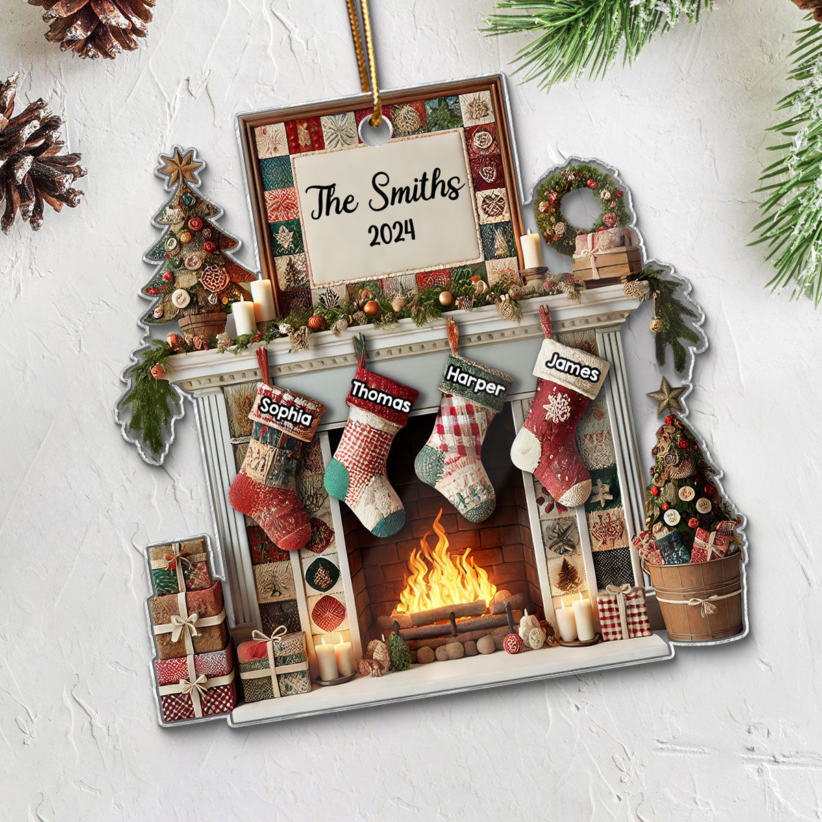 3D Effect Quilting Patchwork Fabric Patterns Fireplace Family Names Christmas Personalized Acrylic Ornament