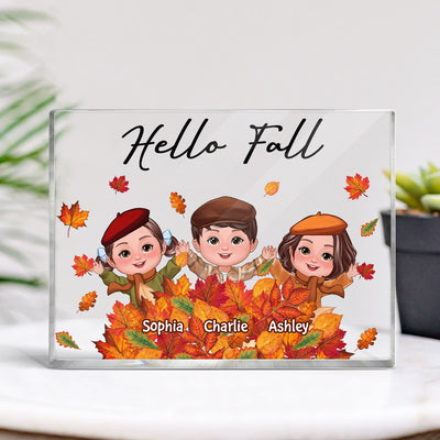 Fall Season Kids Playing In Leaf Pile Personalized Rectangle Acrylic Block Plaque
