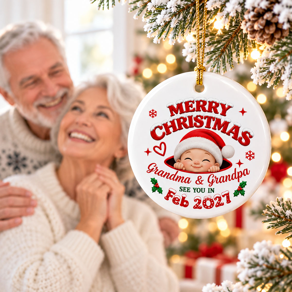 Merry Christmas Grandma & Grandpa - Personalized Ceramic Ornament - Pregnancy Announcement, Christmas Gift For Grandparents, Grandma, Grandpa, Expecting Grandparents