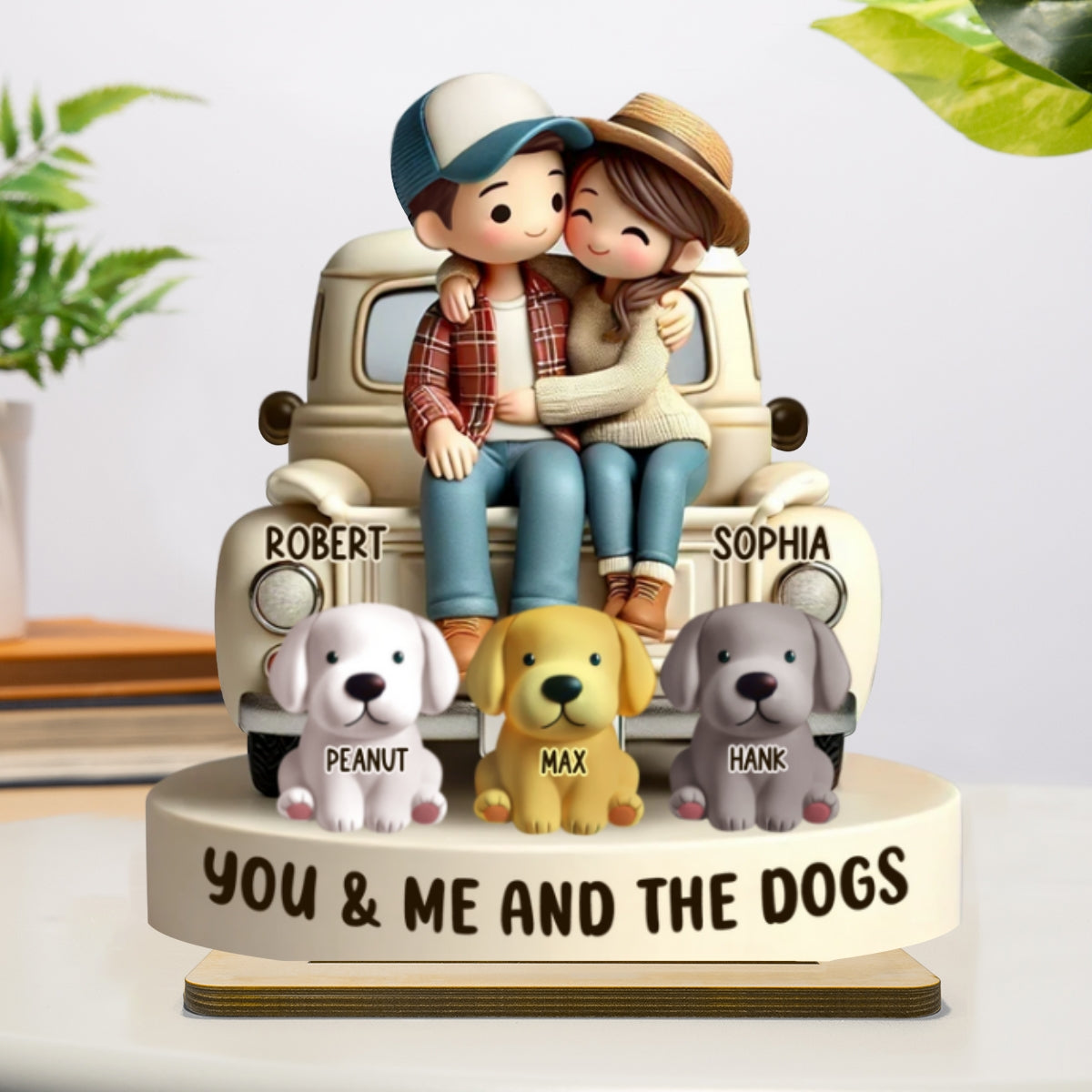 Couple On Truck You Me And The Dog Cats Personalized 2-Layer Standing Wooden Plaque, Heartfelt Gift For Couple, For Dog Lovers, Cat Lovers, Pet Lovers