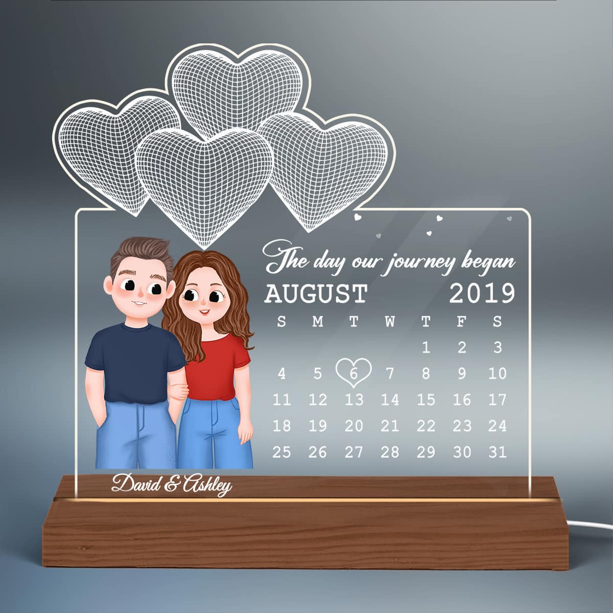 Cute Illustration Couple Under 3D Heart Calendar Anniversary Date Personalized Custom Shape Acrylic Plaque LED Night Light