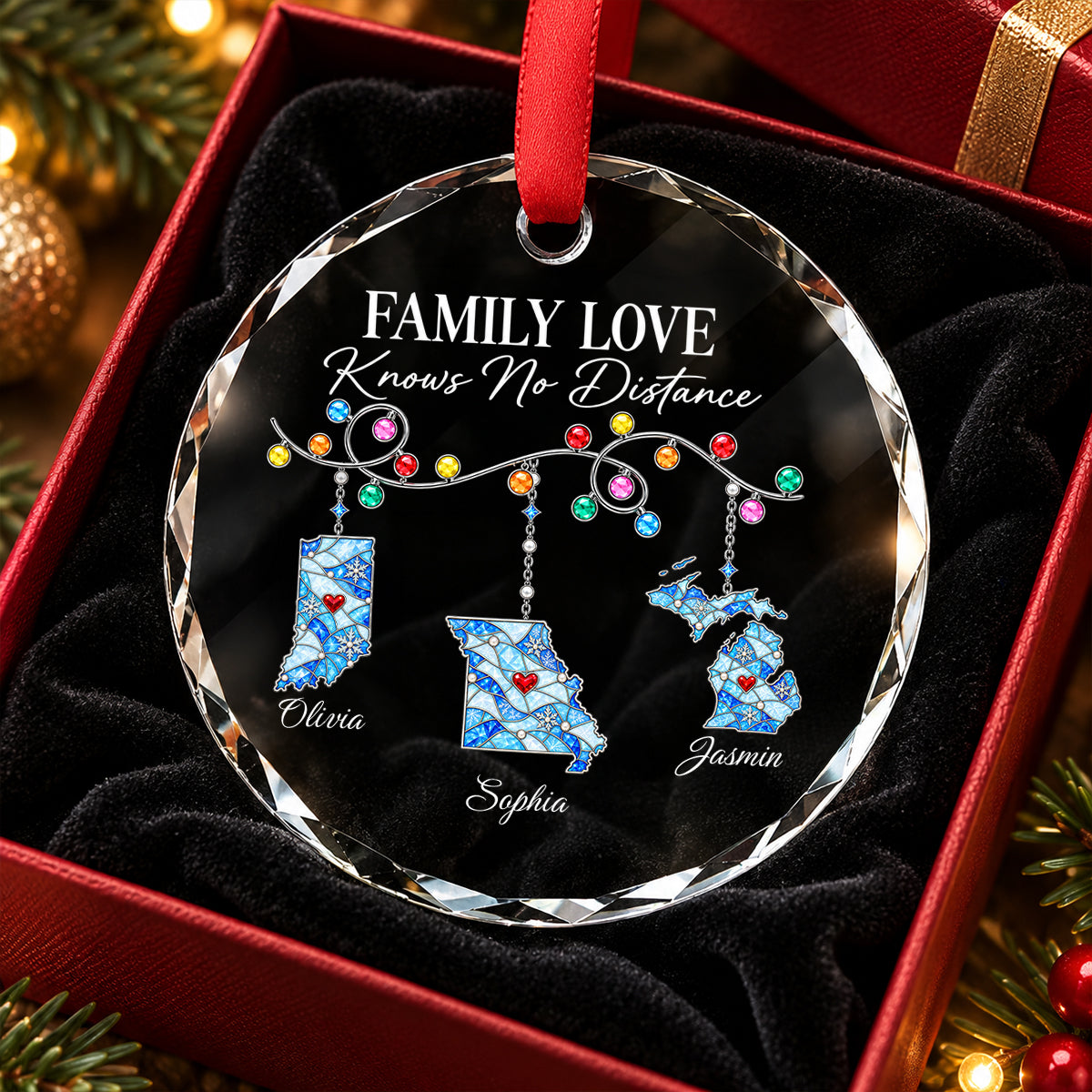 Family Love Knows No Distance - Personalized Glass Ornament - Togetherness Christmas Gift for Sisters, Children