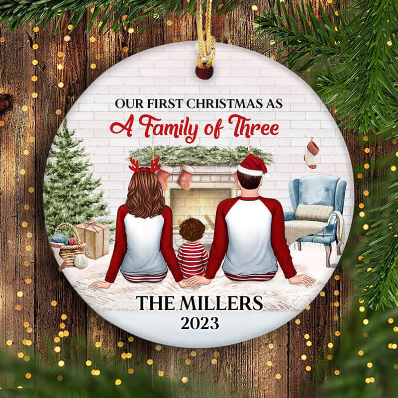 Our First Christmas As Family Back View Personalized Circle Ornament