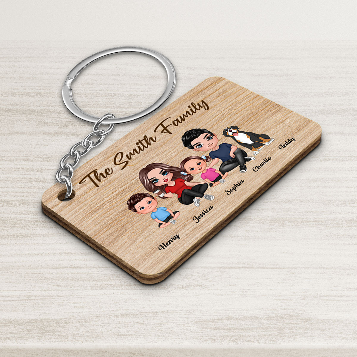 Whole Doll Family Couple Dad Mom Kids Dogs Cats Sitting Personalized Wooden Keychain